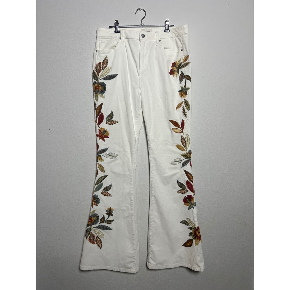 Driftwood Farrah Embroidered Cream Corduroy Flare Pants W30 L34 Floral Boho Fall
